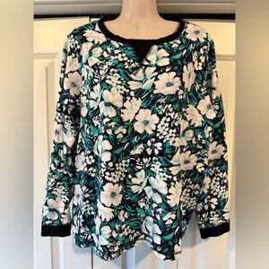 Appleseeds navy green floral top shirt blouse large L